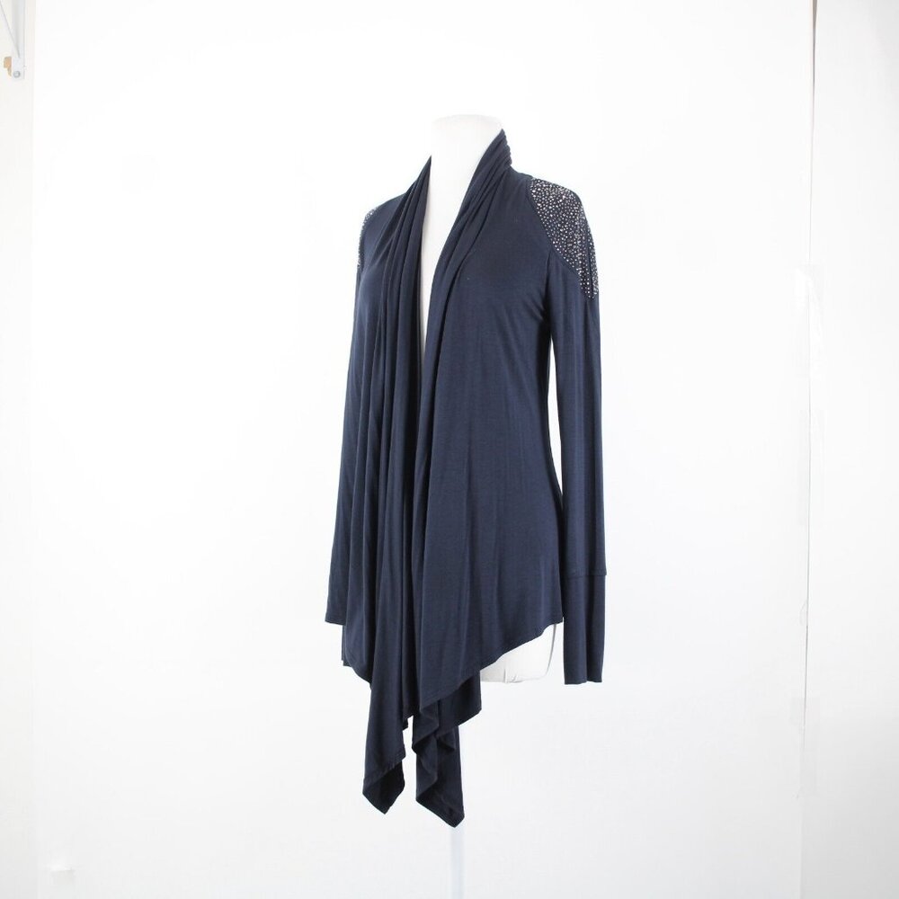 S Twelve $59 Sz M Navy Blue Gunmetal Studded Shoulders Collared Rayon Wrap - Picture 13 of 16